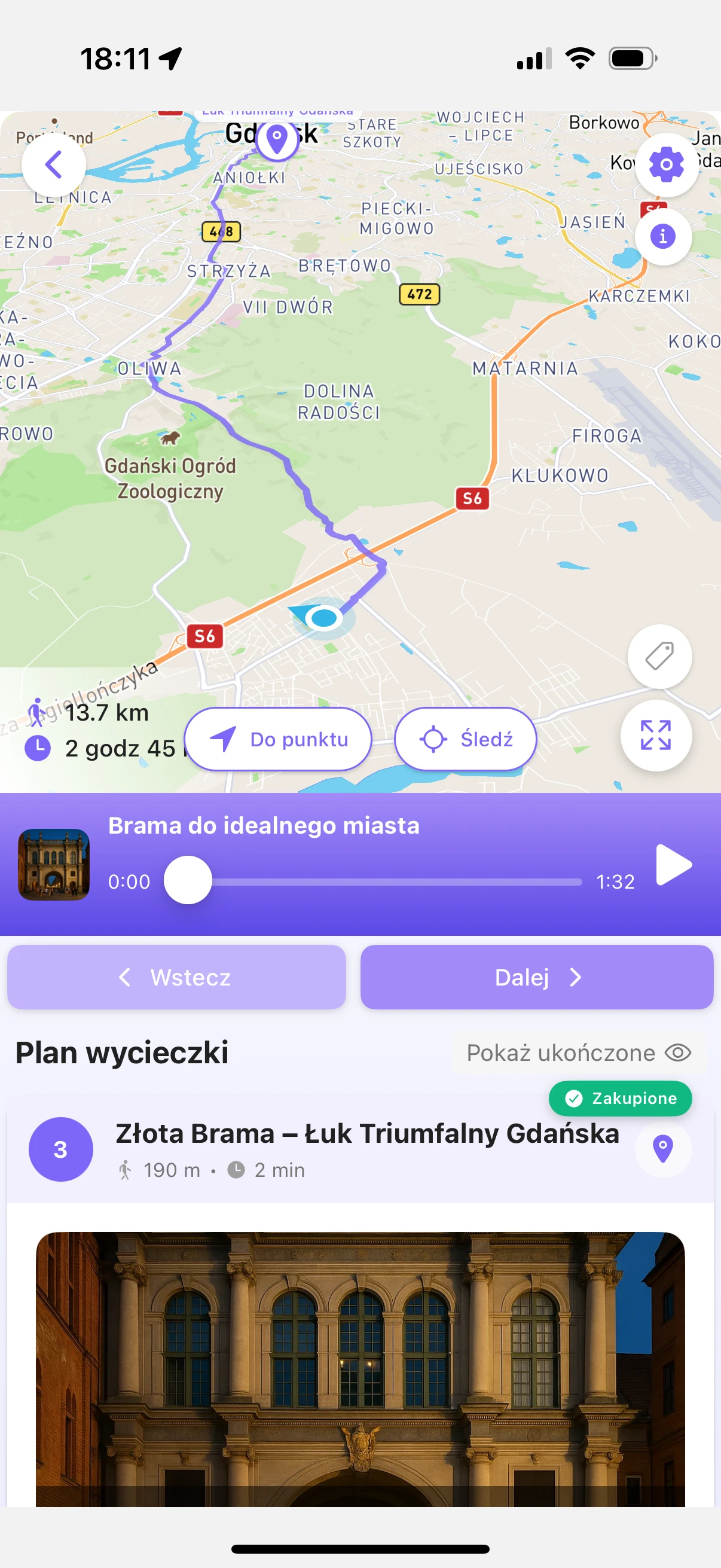 Nawigacja GPS do kolejnego punktu wycieczki